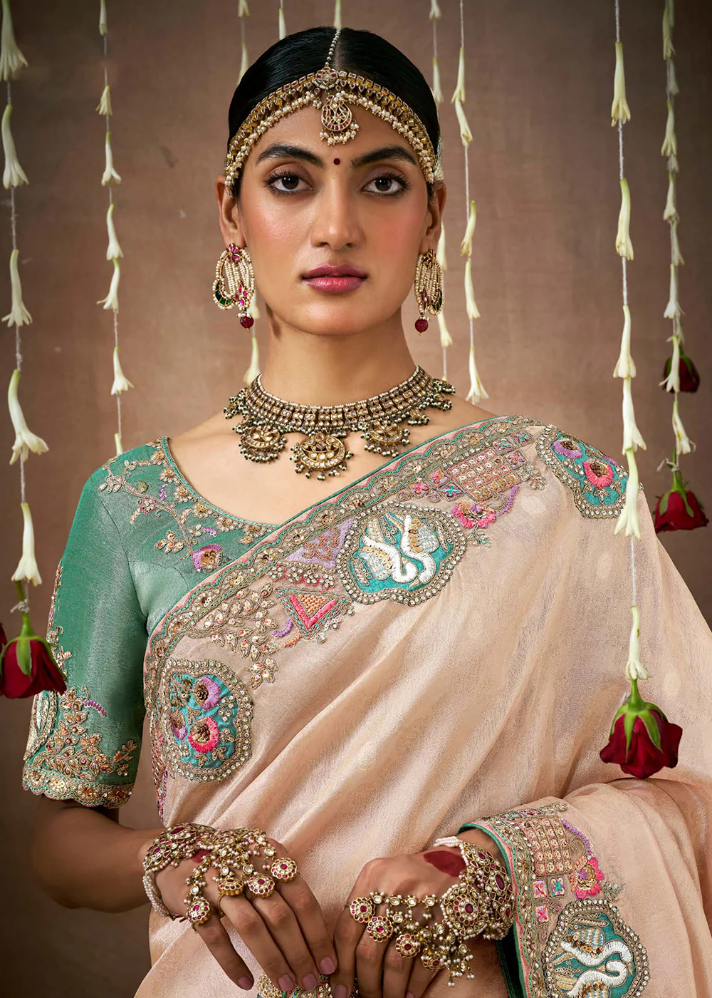 Creamy Peach Embroidered Silk Wedding Wear Saree - Image 2