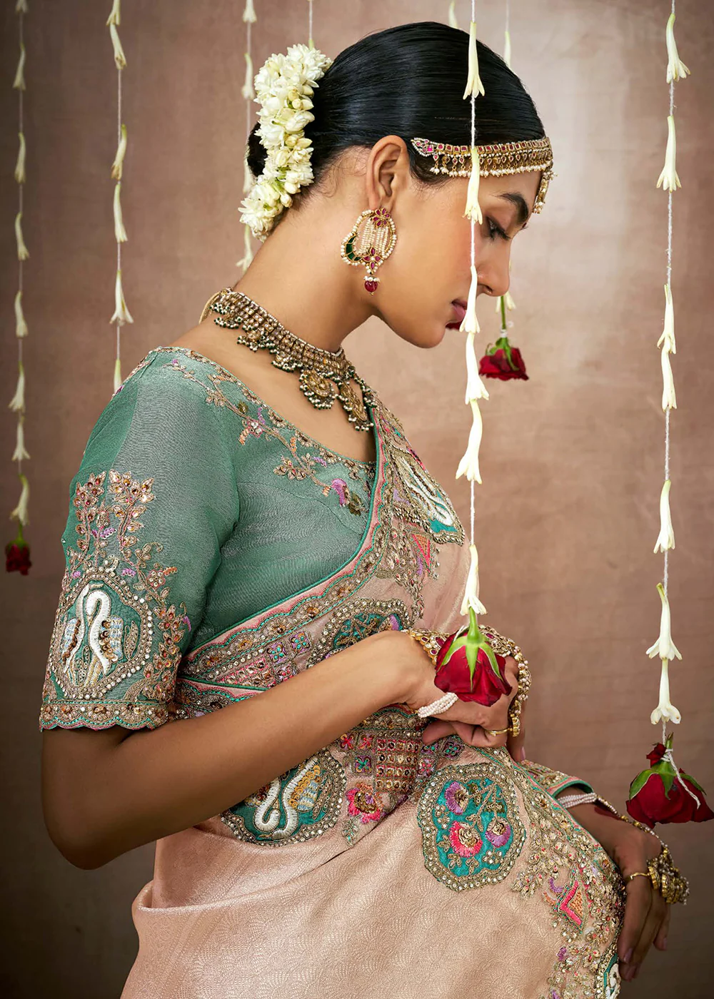 Creamy Peach Embroidered Silk Wedding Wear Saree - Image 4