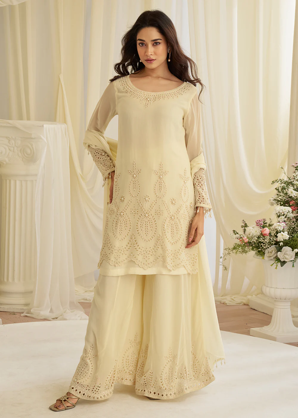 Crepe Silk Cream Embroidered Wedding Wear Sharara Suit