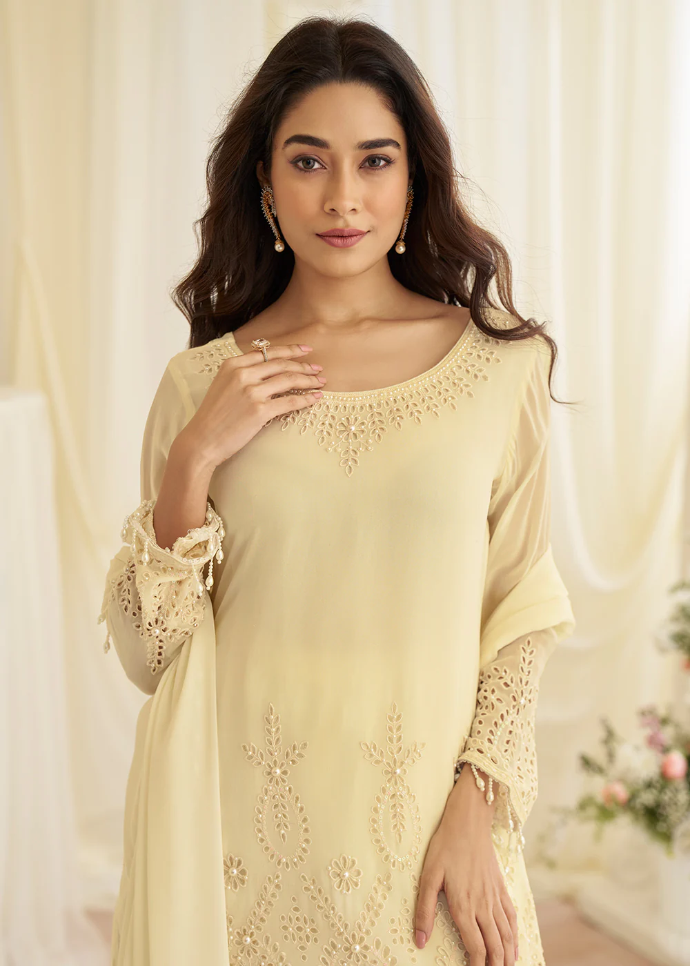 Crepe Silk Cream Embroidered Wedding Wear Sharara Suit - Image 2