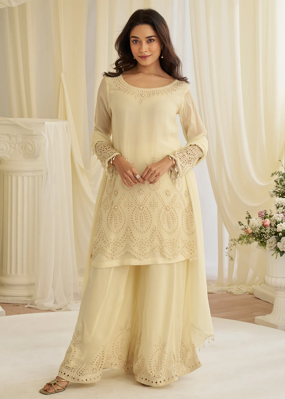 Crepe Silk Cream Embroidered Wedding Wear Sharara Suit - Image 3