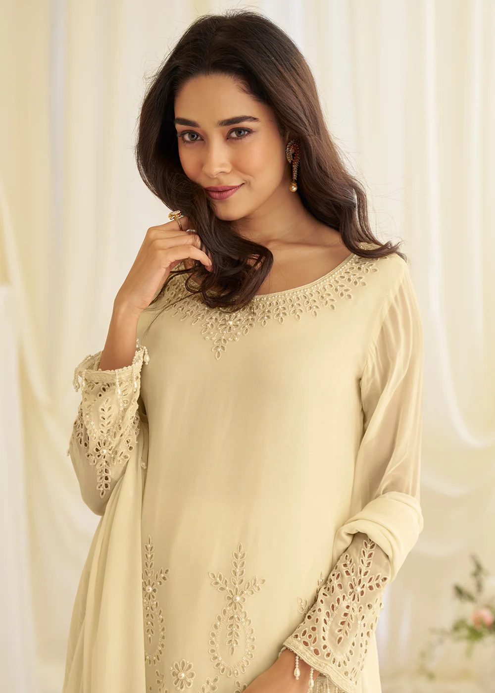 Crepe Silk Cream Embroidered Wedding Wear Sharara Suit - Image 4