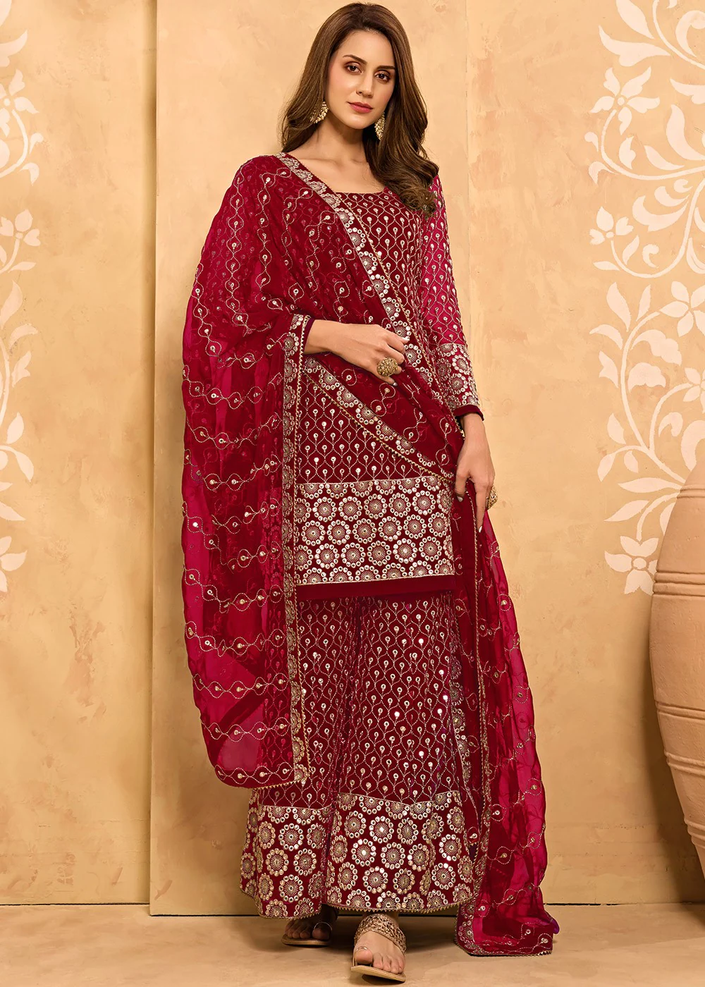 Crimson Red Party Style Designer Sharara Suit - Image 3