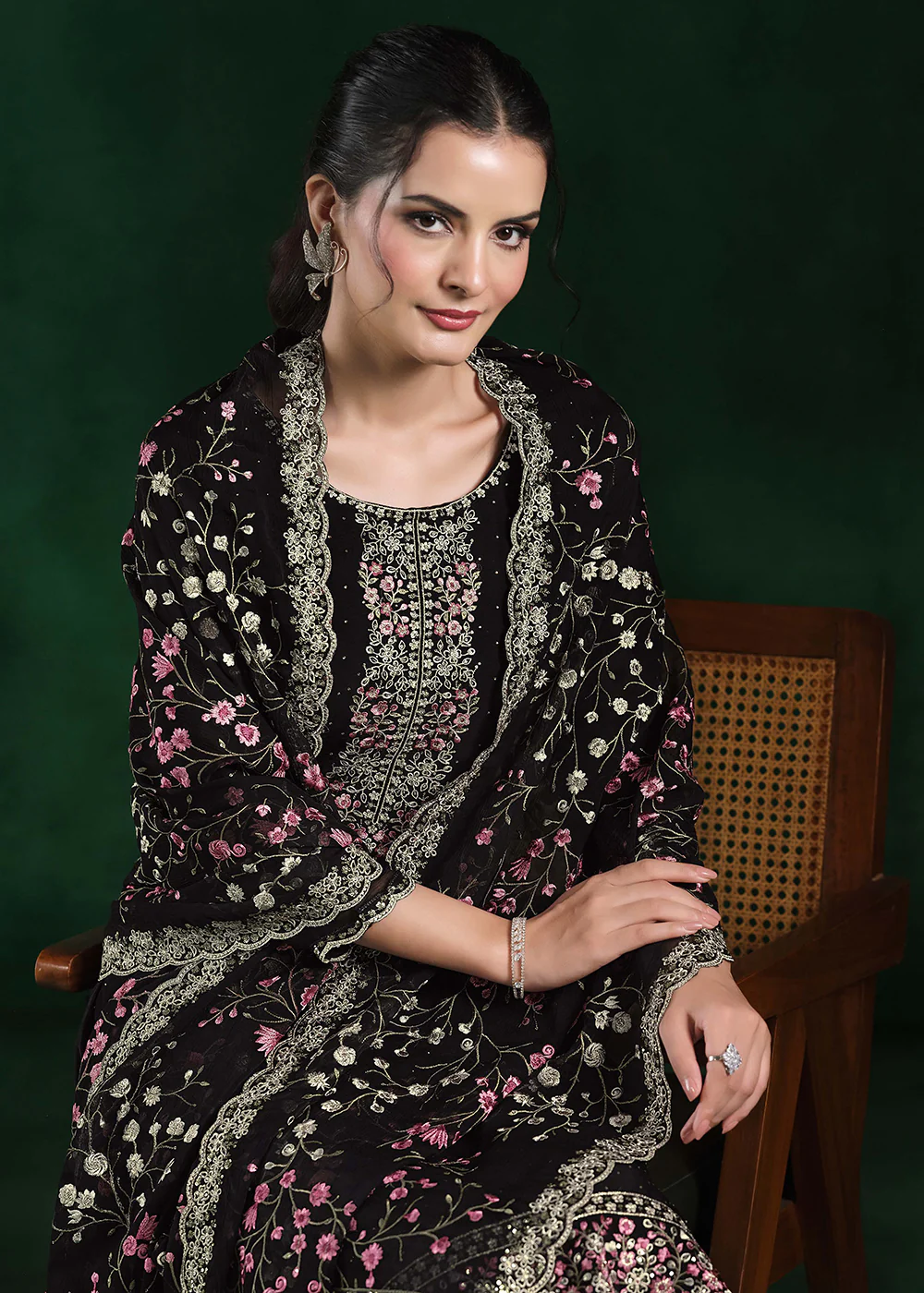 Crinkle Chiffon Black Swrovski Work Festive Salwar Suit - Image 2