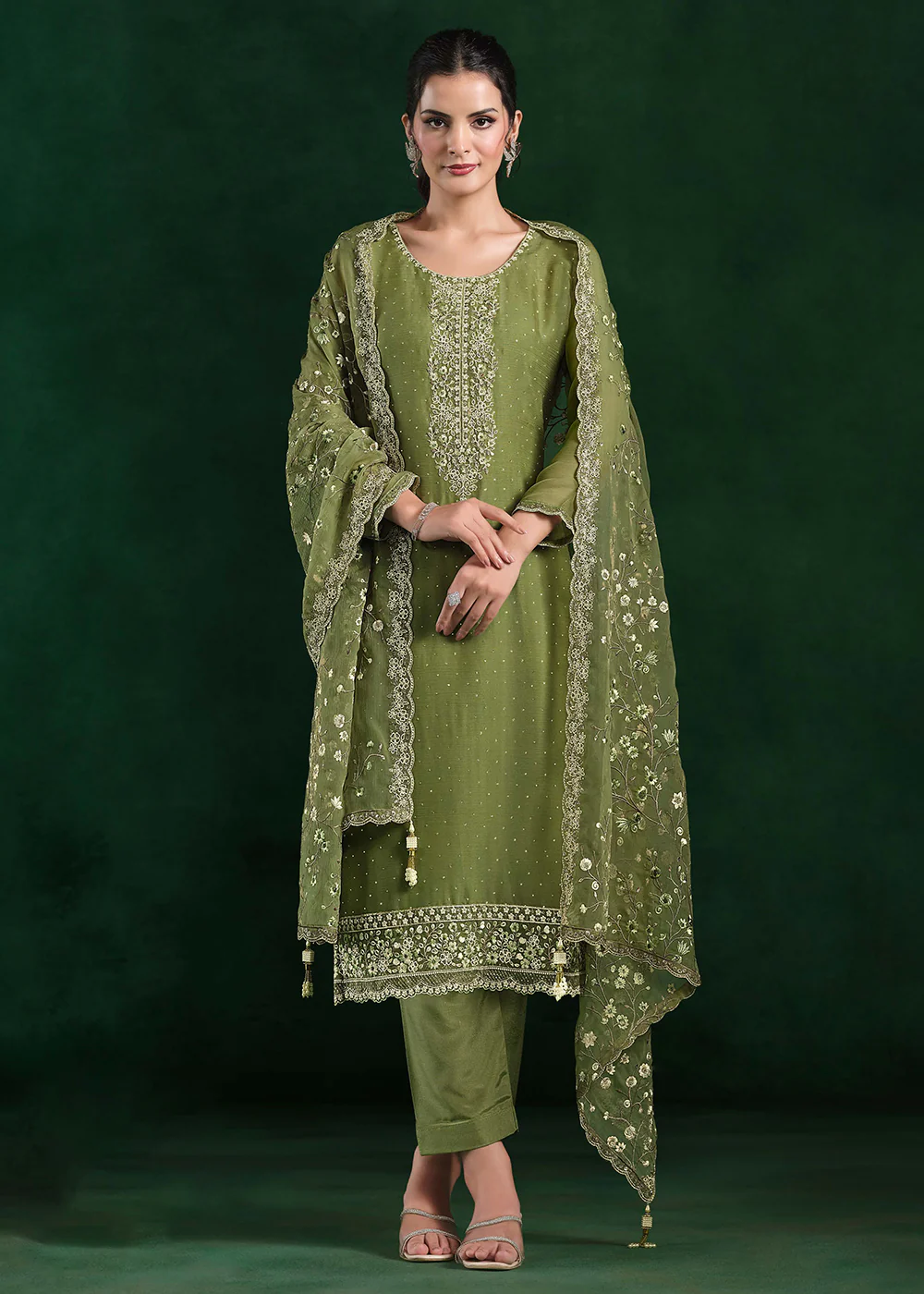 Crinkle Chiffon Green Swrovski Work Festive Salwar Suit