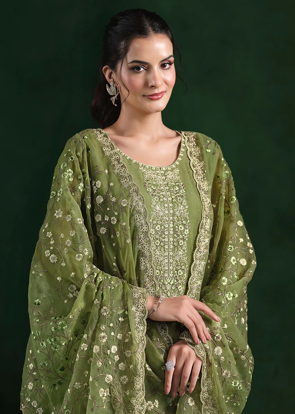 Crinkle Chiffon Green Swrovski Work Festive Salwar Suit - Image 2