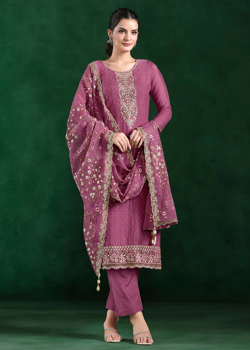 Crinkle Chiffon Pink Swrovski Work Festive Salwar Suit