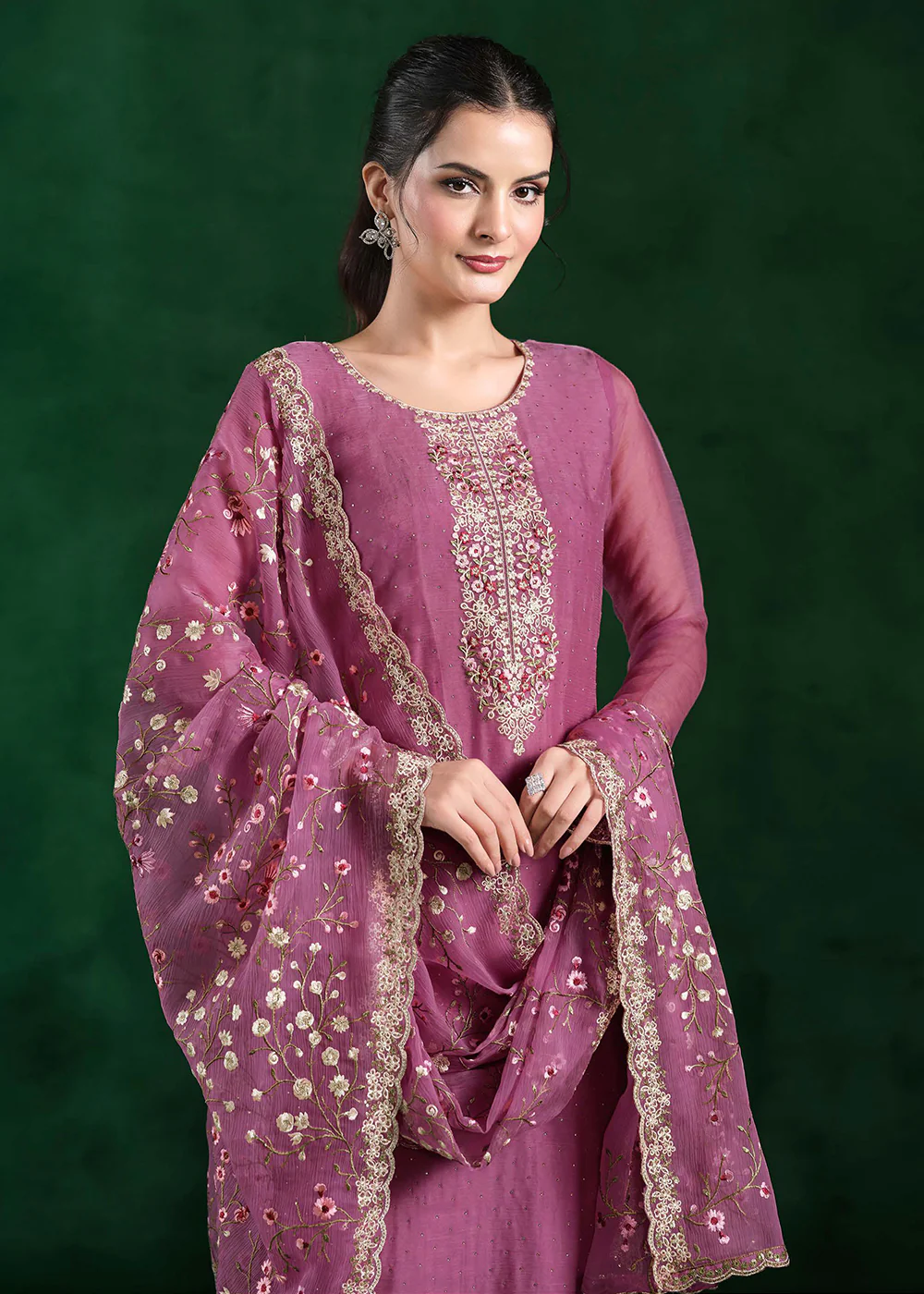 Crinkle Chiffon Pink Swrovski Work Festive Salwar Suit - Image 3