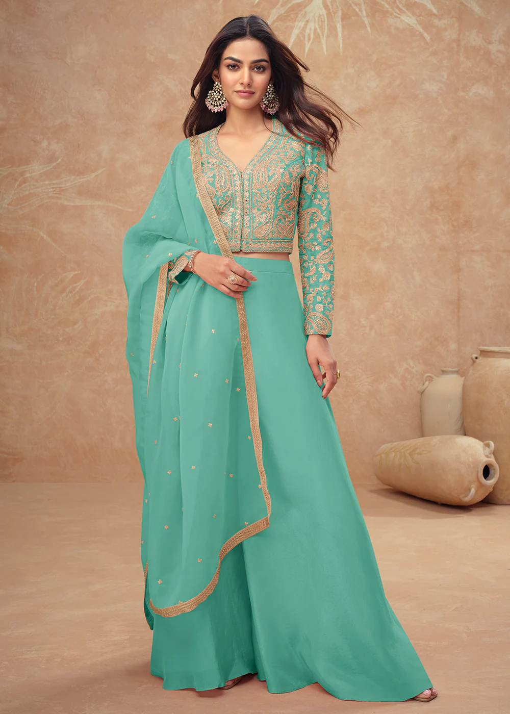 Crop Top Style Green Indo Western Dress
