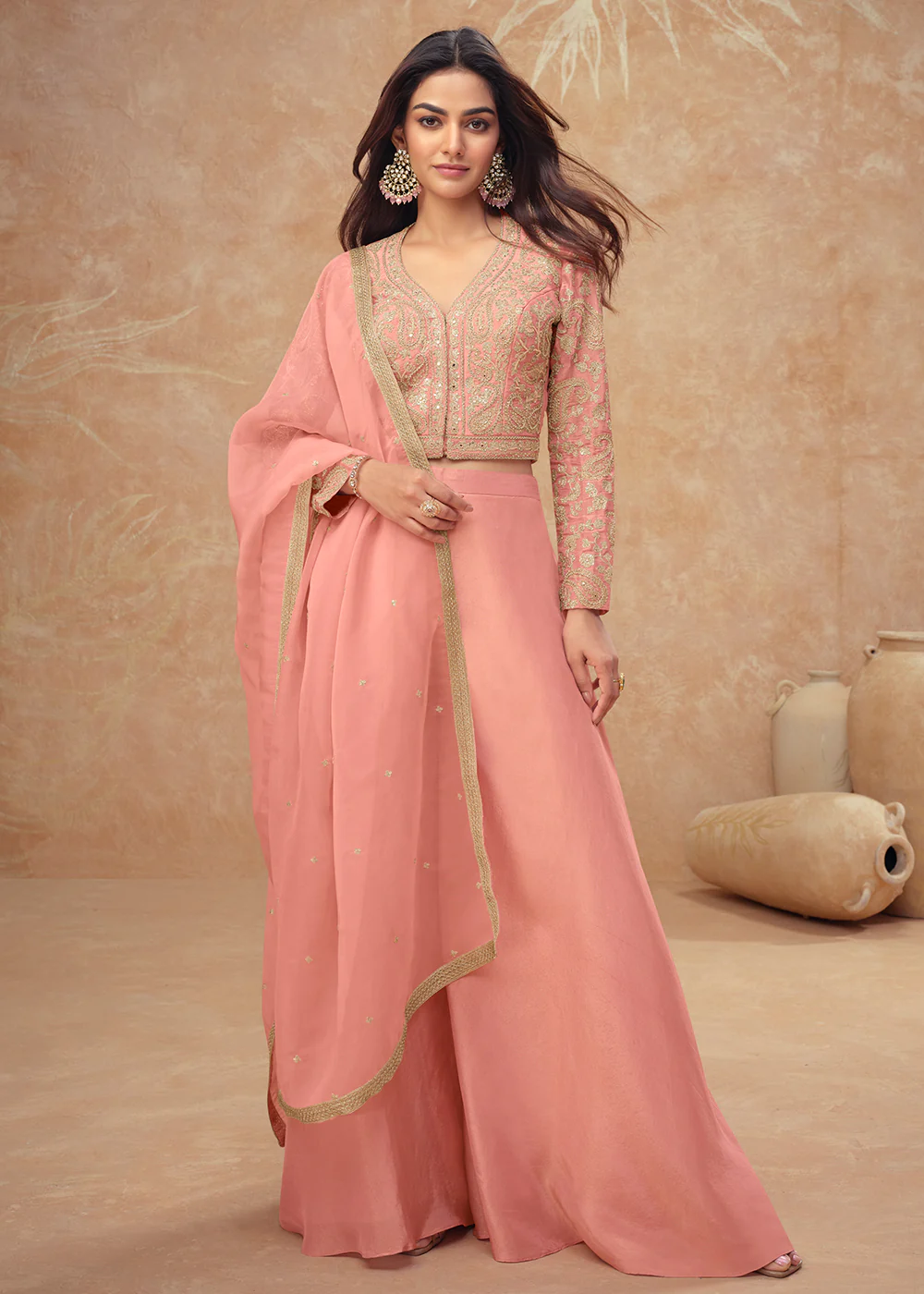 Crop Top Style Peach Indo Western Dress