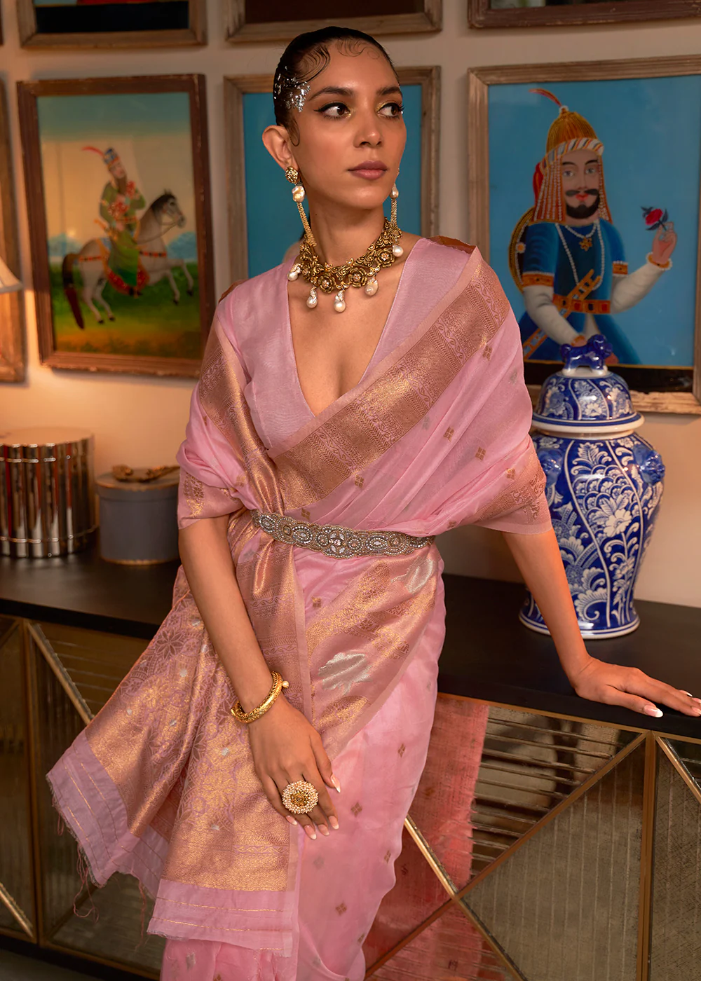 Crystal Pink Blended Woven Zari Organza Silk Saree - Image 2