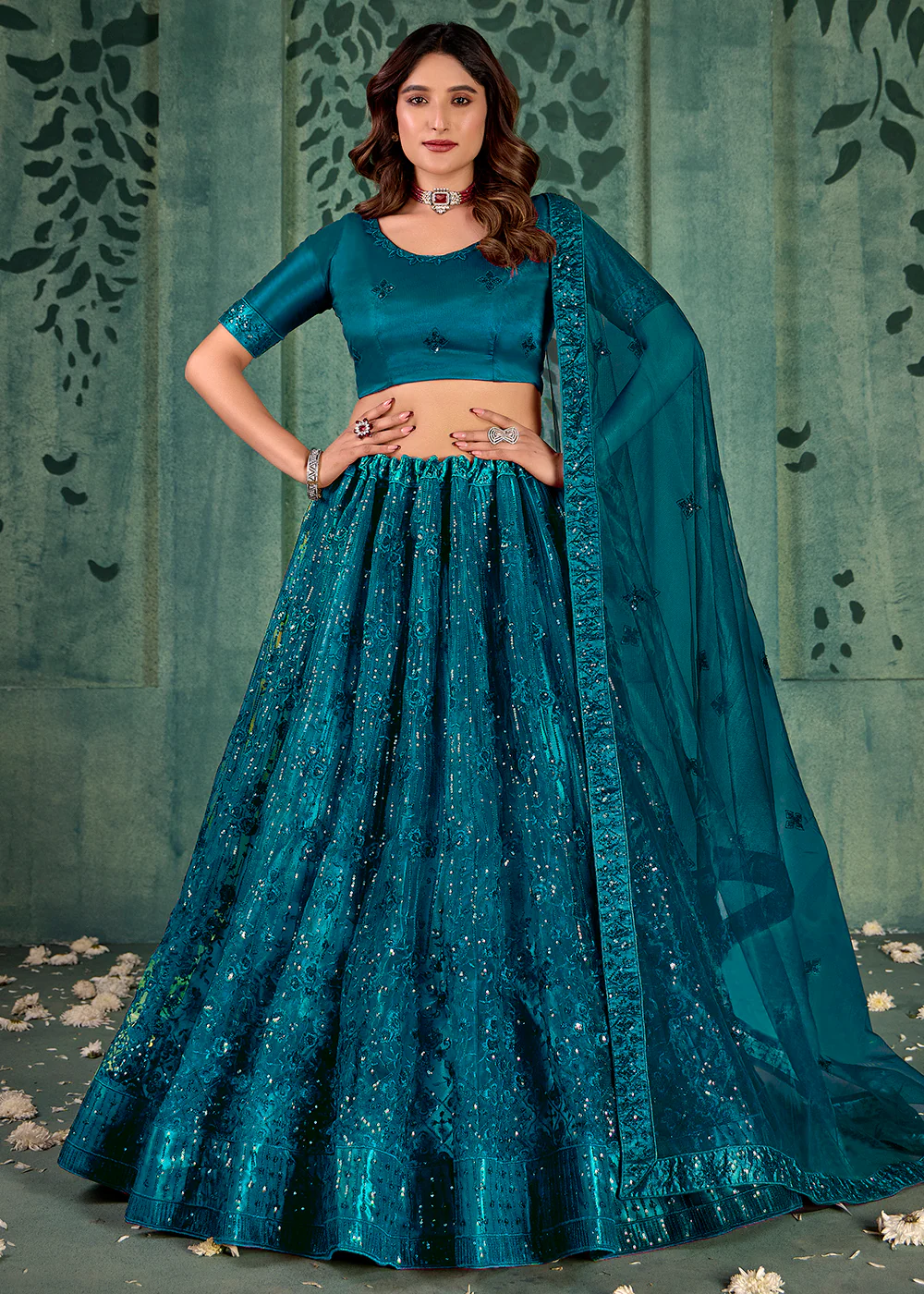Crystal Teal Sequins Embroidered Net Lehenga Choli
