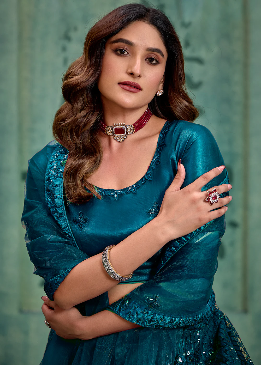 Crystal Teal Sequins Embroidered Net Lehenga Choli - Image 2