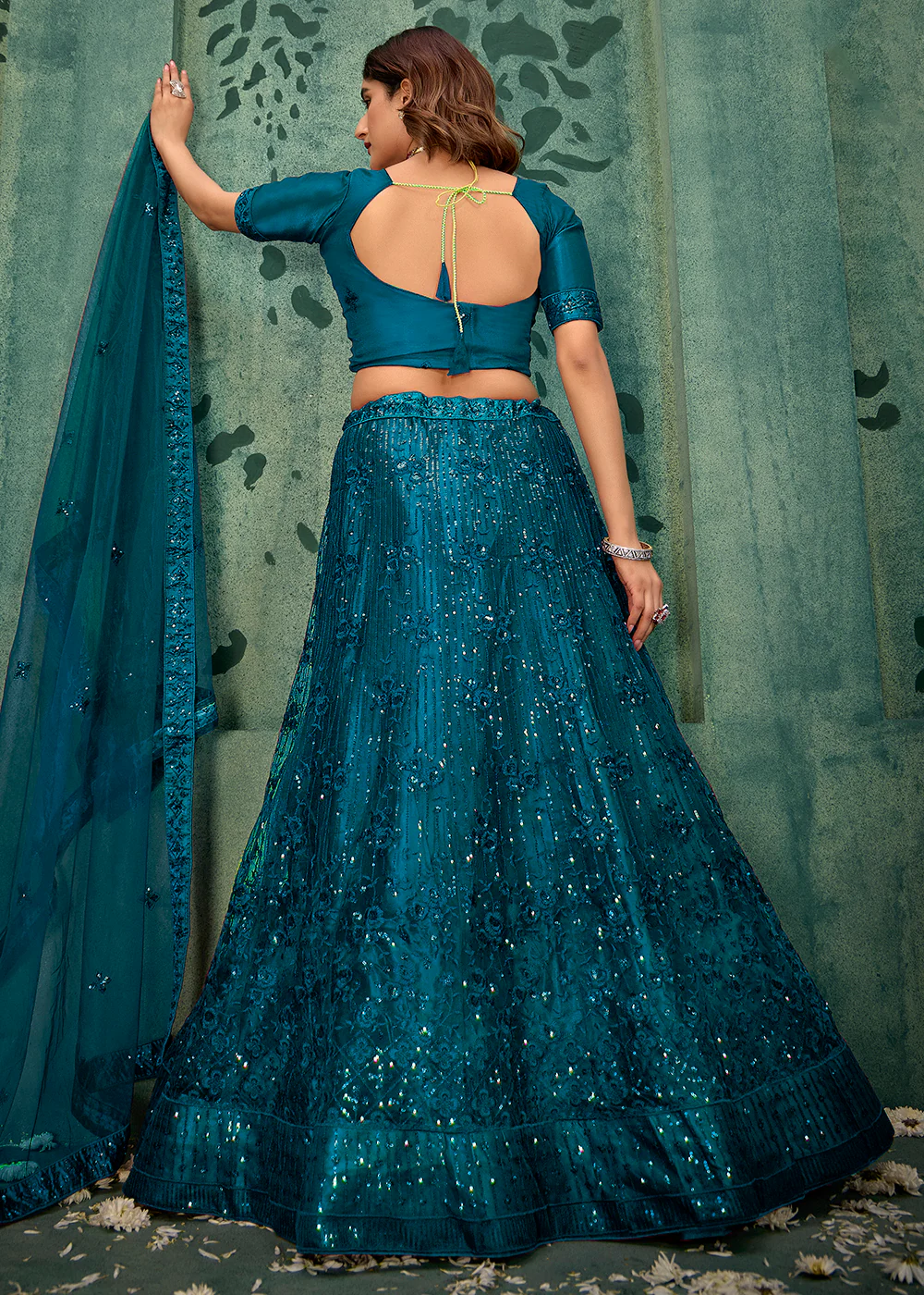 Crystal Teal Sequins Embroidered Net Lehenga Choli - Image 3