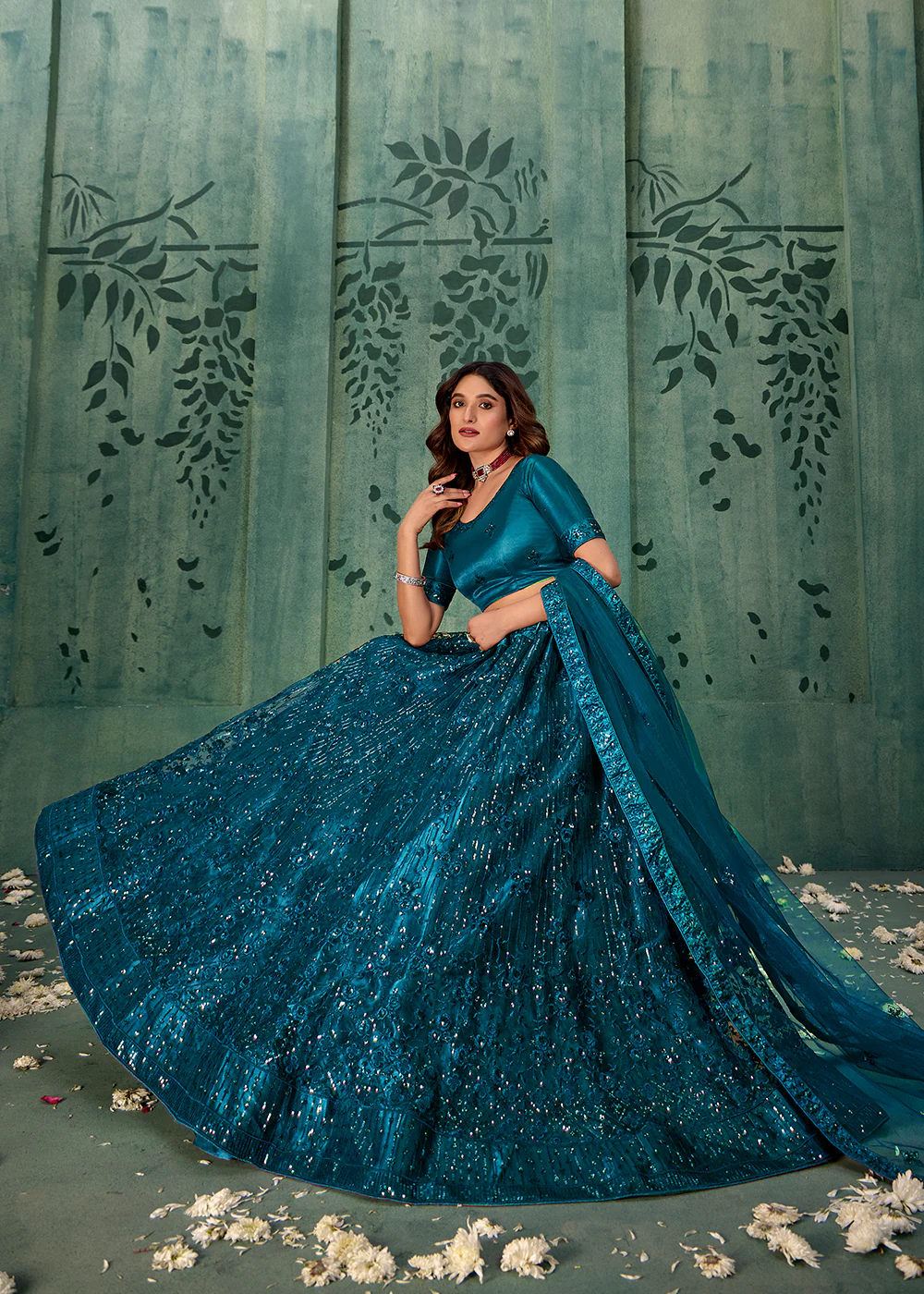 Crystal Teal Sequins Embroidered Net Lehenga Choli - Image 4