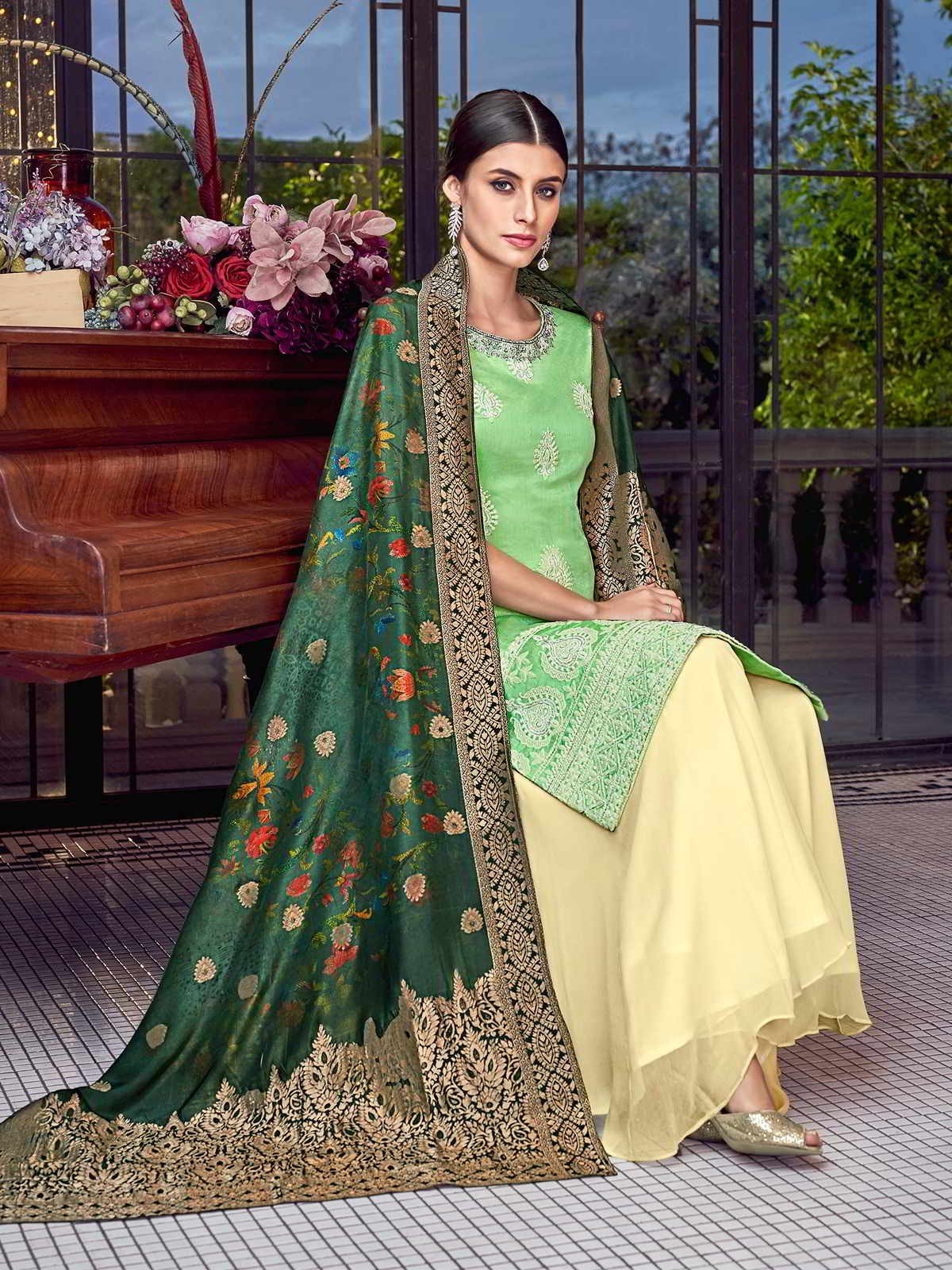 Cute Green Lucknowi Embroidered Pakistani Style Palazzo Suit - Image 3