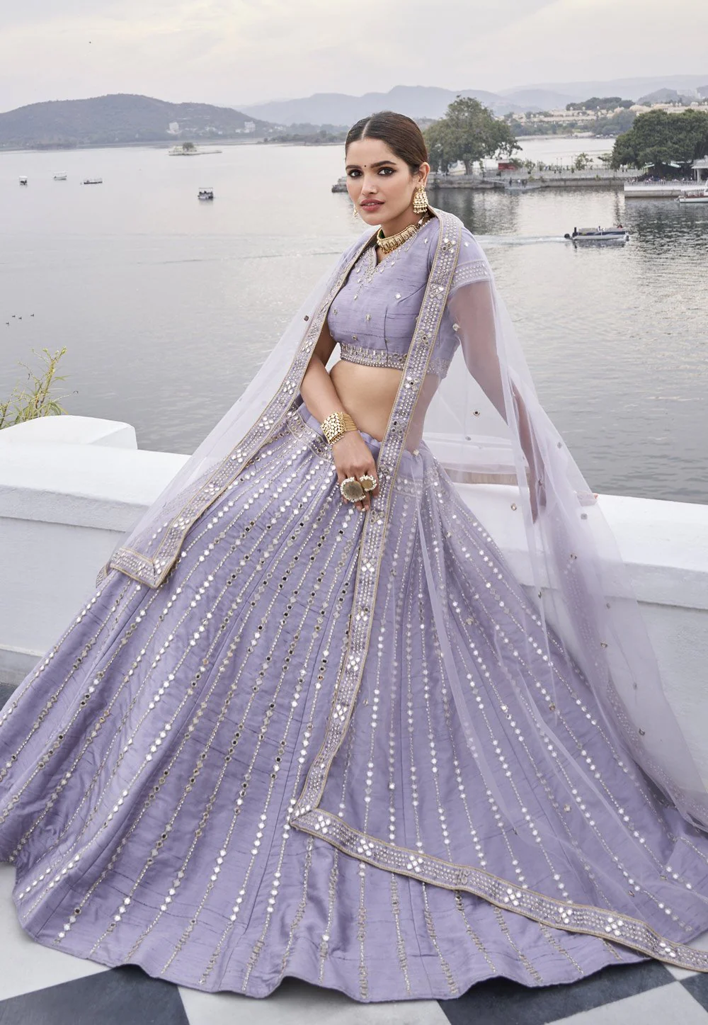 Cute Lavender Mirror Work Embroidered Wedding Lehenga Choli - Image 3