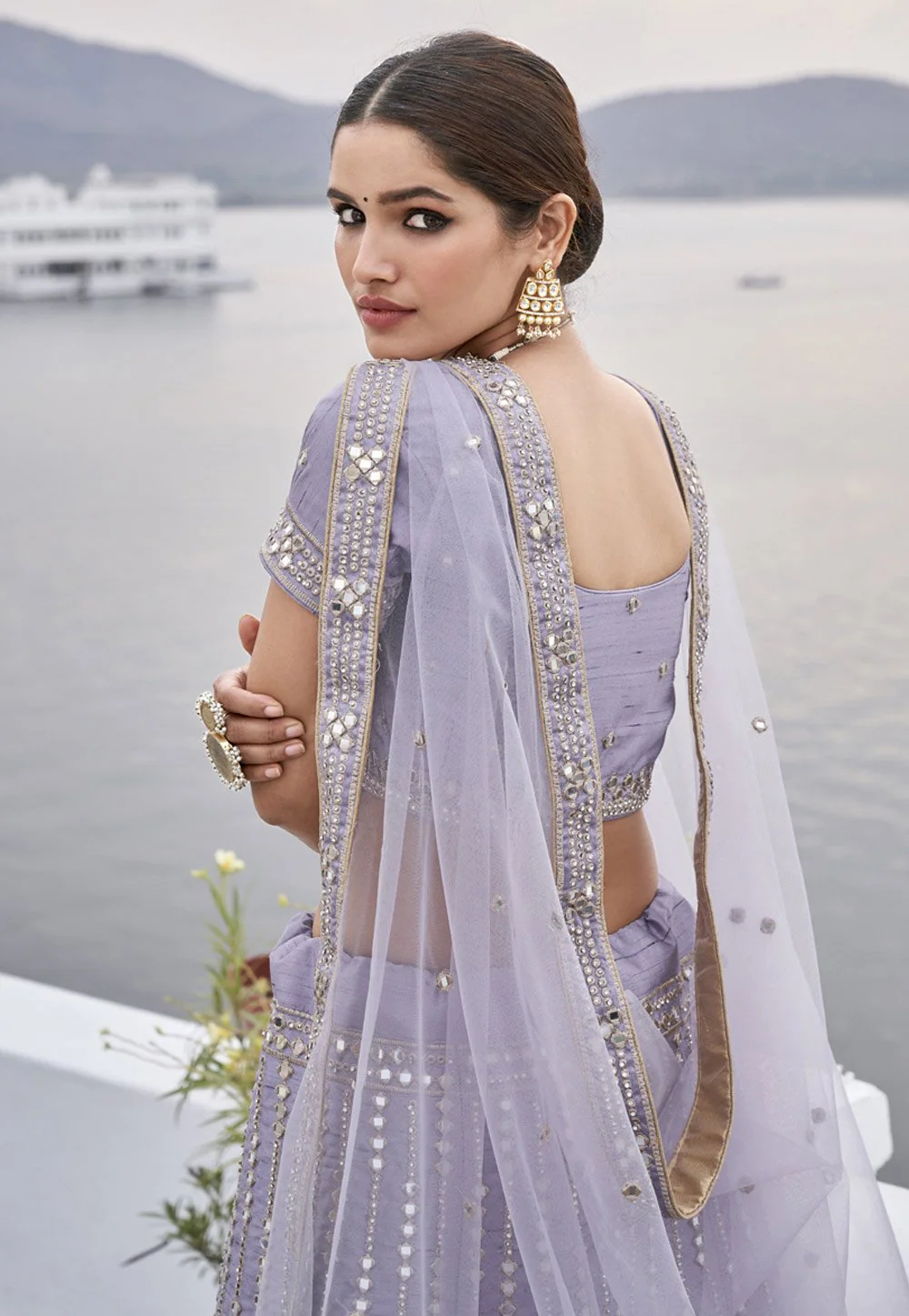 Cute Lavender Mirror Work Embroidered Wedding Lehenga Choli - Image 4