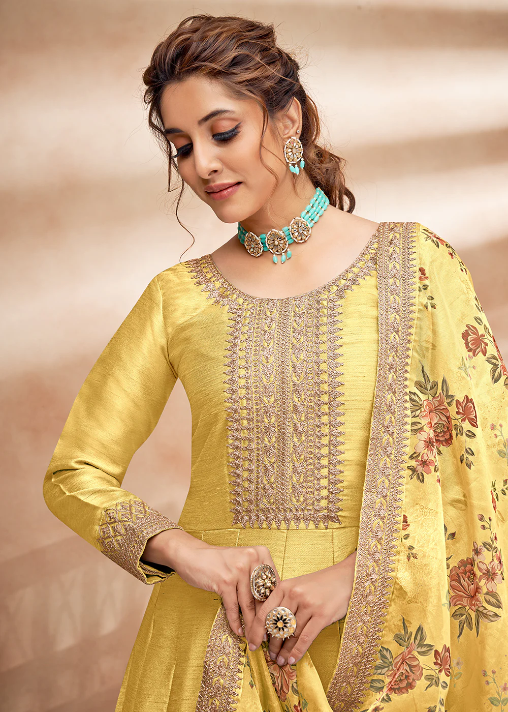 Cute Yellow Art Silk Embellished Wedding & Party Wear Anarkali - Image 2