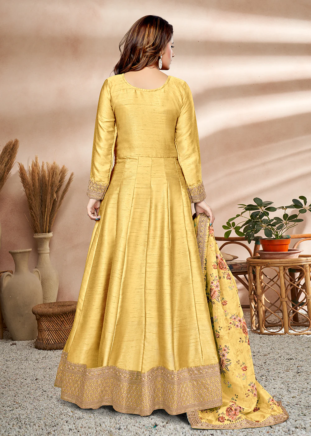 Cute Yellow Art Silk Embellished Wedding & Party Wear Anarkali - Image 3
