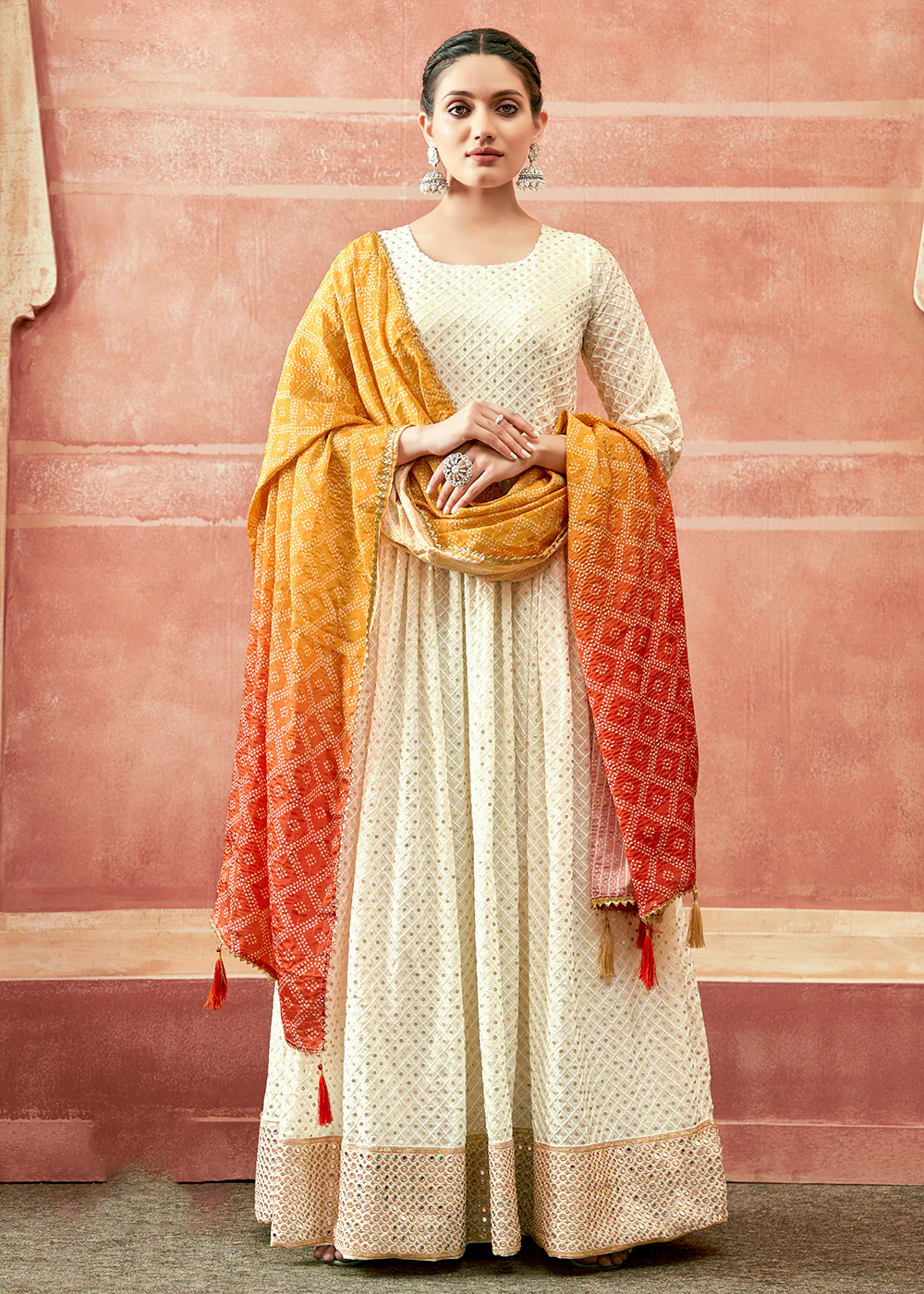 Daisy White Traditional Anarkali with Orange Ombre Bandhni Dupatta