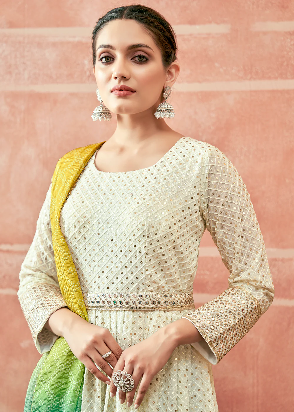 Daisy White Traditional Anarkali with Yellow Ombre Bandhni Dupatta - Image 2