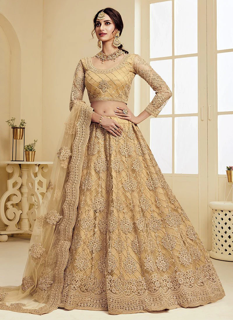 Dark Beige Pearl Embroidered Wedding Lehenga Choli