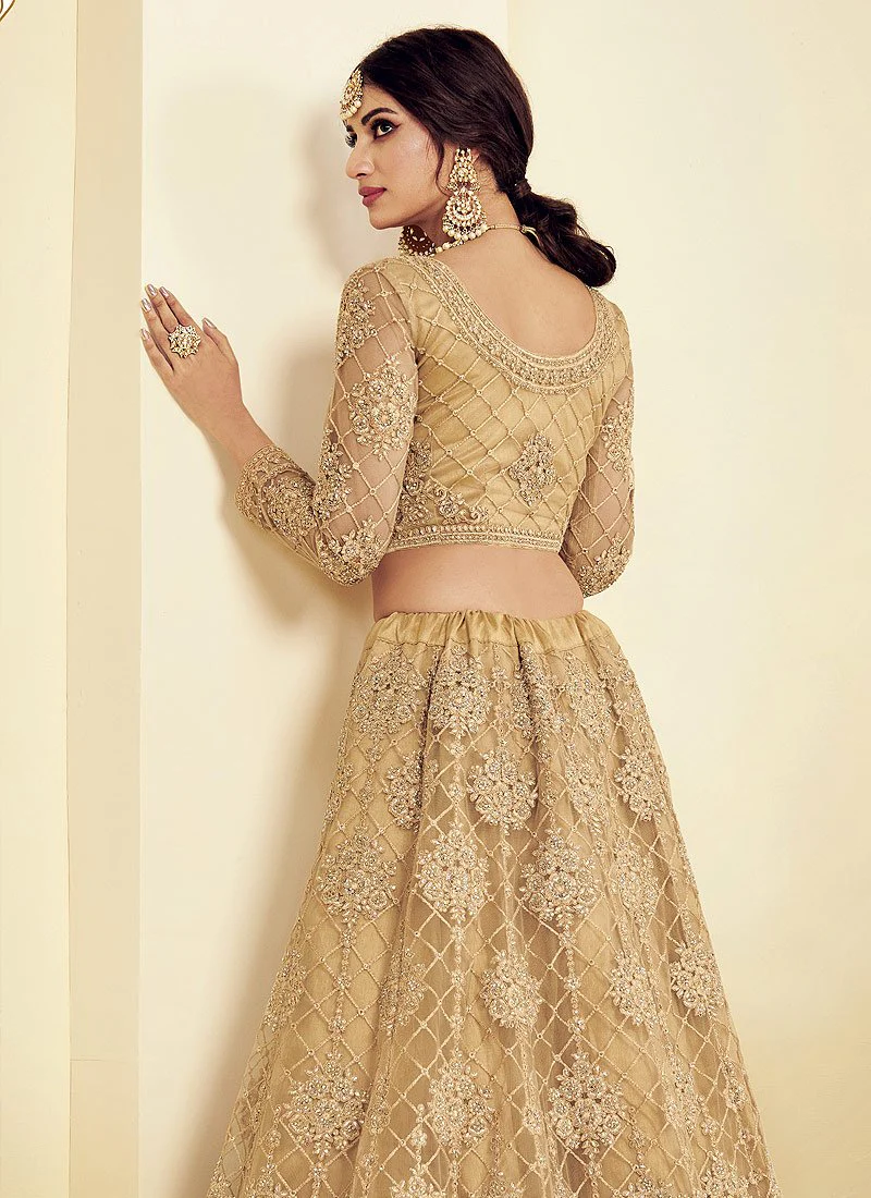 Dark Beige Pearl Embroidered Wedding Lehenga Choli - Image 3