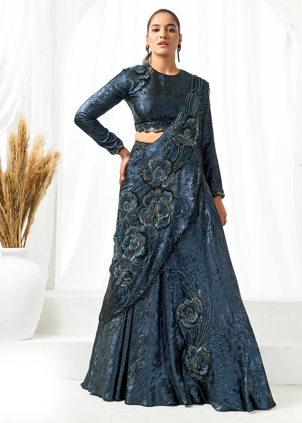 Dark Blue Fancy Material Designer Lehenga Saree