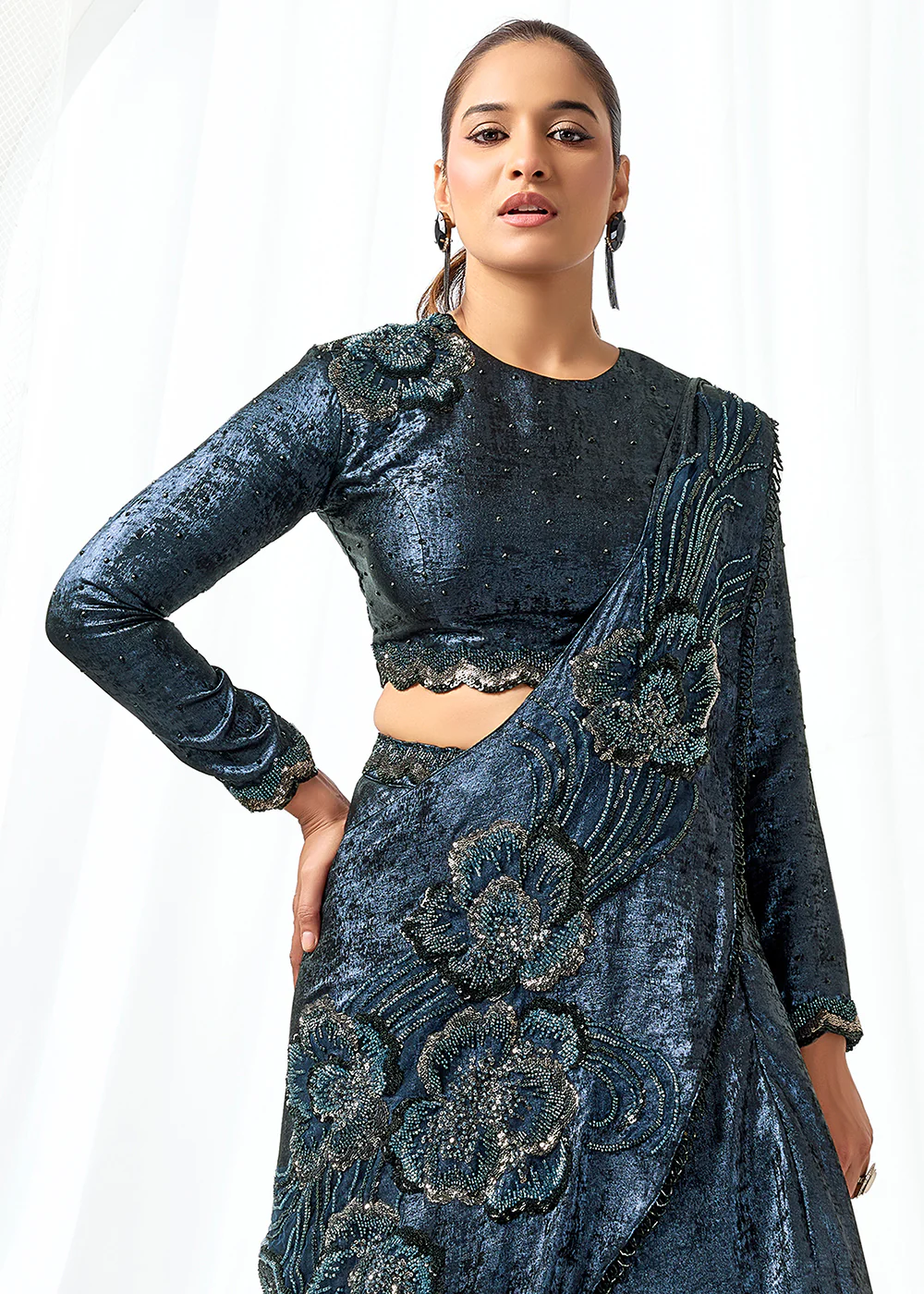 Dark Blue Fancy Material Designer Lehenga Saree - Image 2