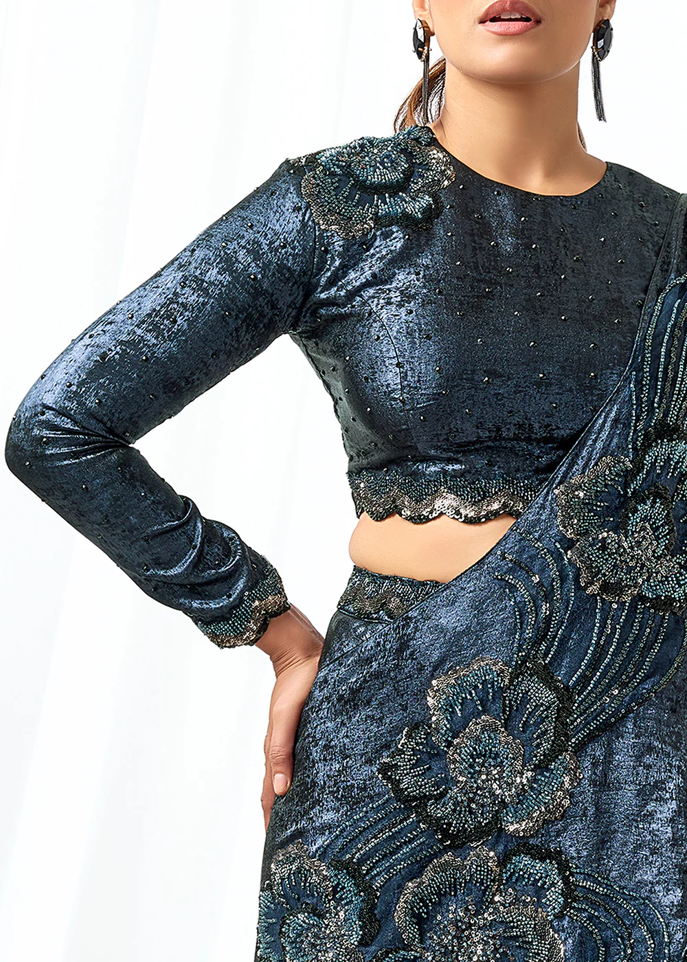 Dark Blue Fancy Material Designer Lehenga Saree - Image 4