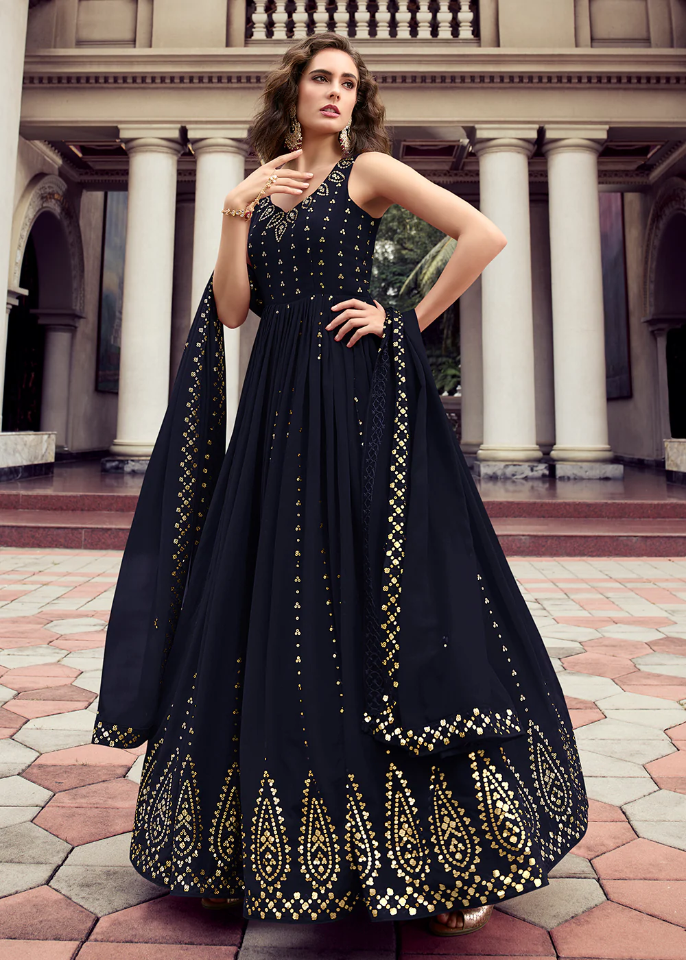 Dark Blue Georgette Thread & Sequins Wedding Party Gown