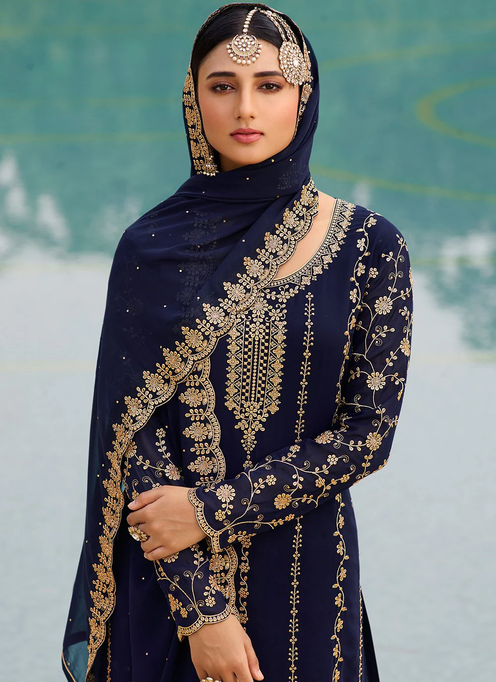 Dark Blue & Gold Embroidered Sequins Sharara Suit - Image 2