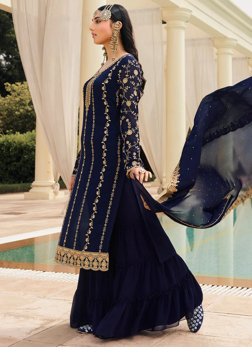 Dark Blue & Gold Embroidered Sequins Sharara Suit - Image 3