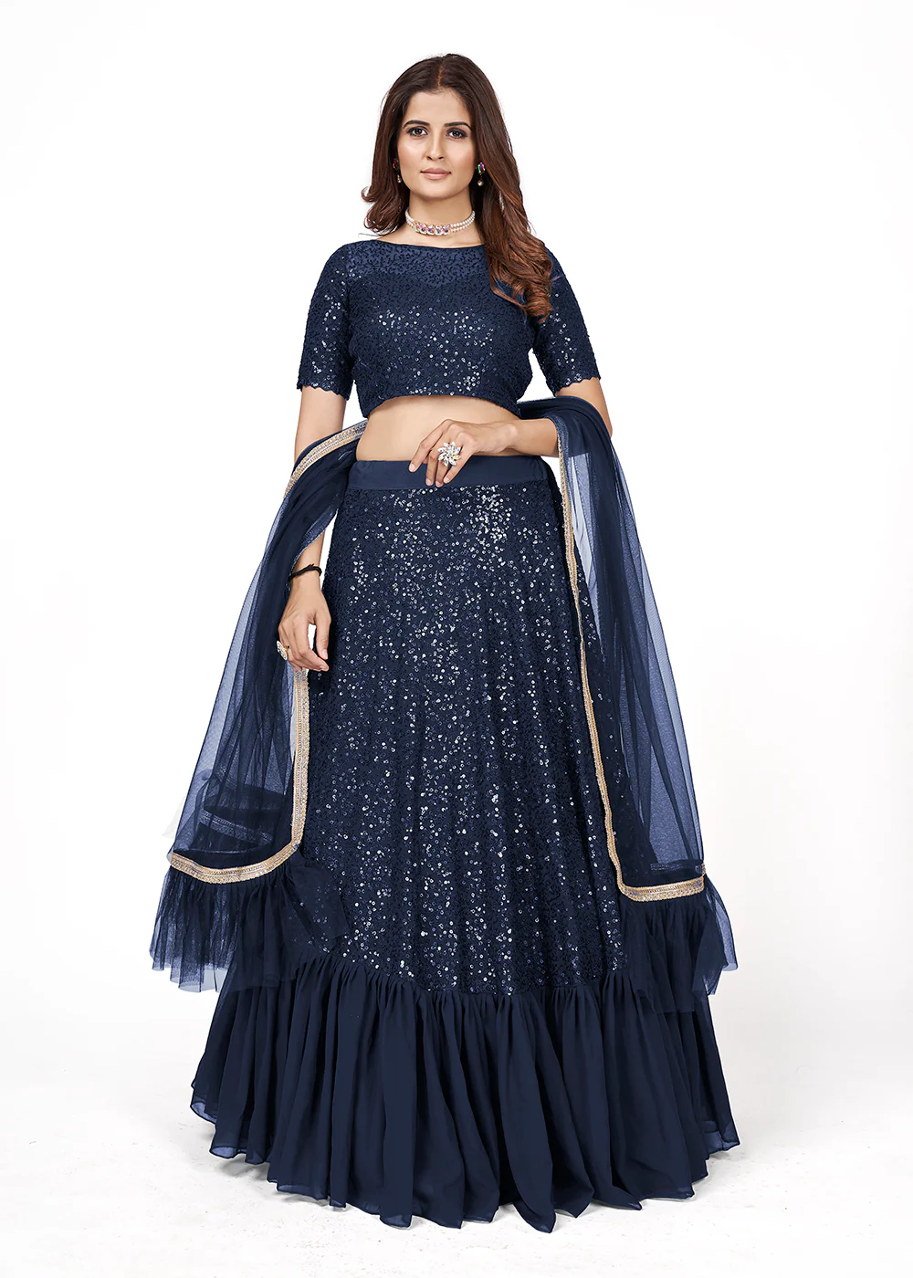 Dark Blue Multi Sequins Embroidered Party Wear Lehenga Choli - Image 2