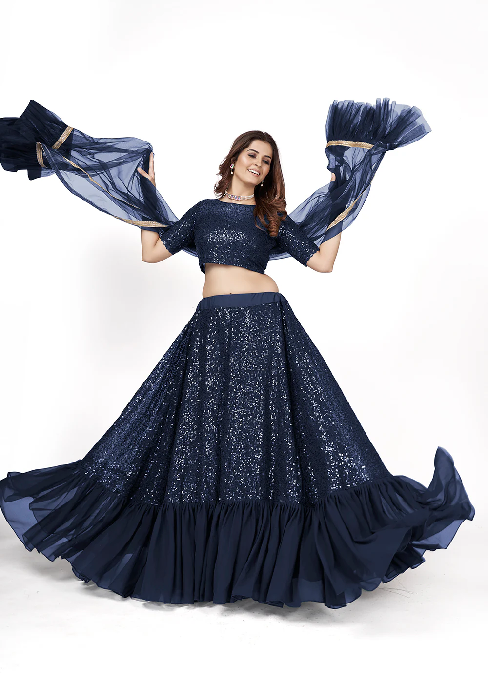 Dark Blue Multi Sequins Embroidered Party Wear Lehenga Choli - Image 3