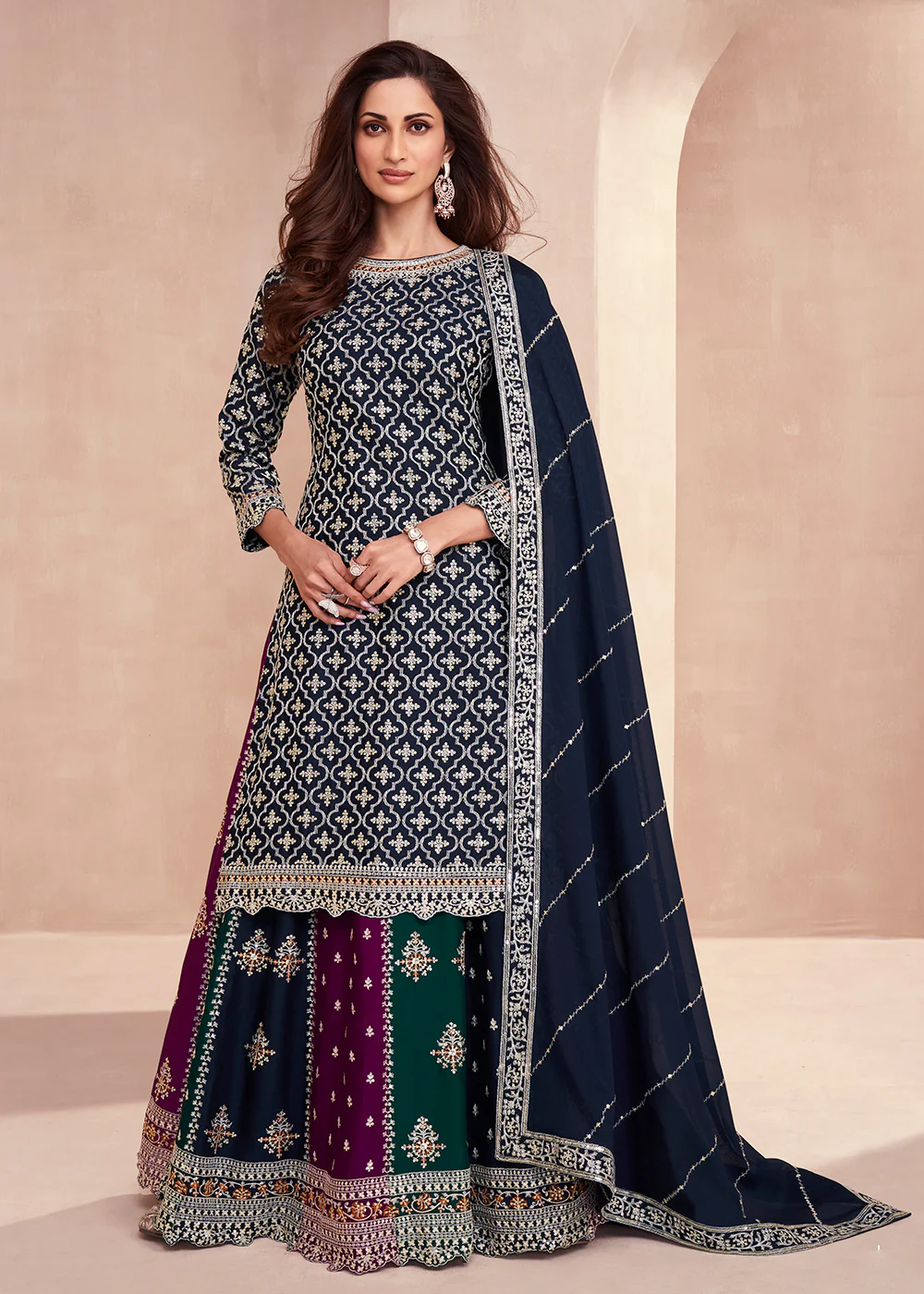 Dark Blue Multicolor Sequins Embroidered Lehenga Skirt Suit