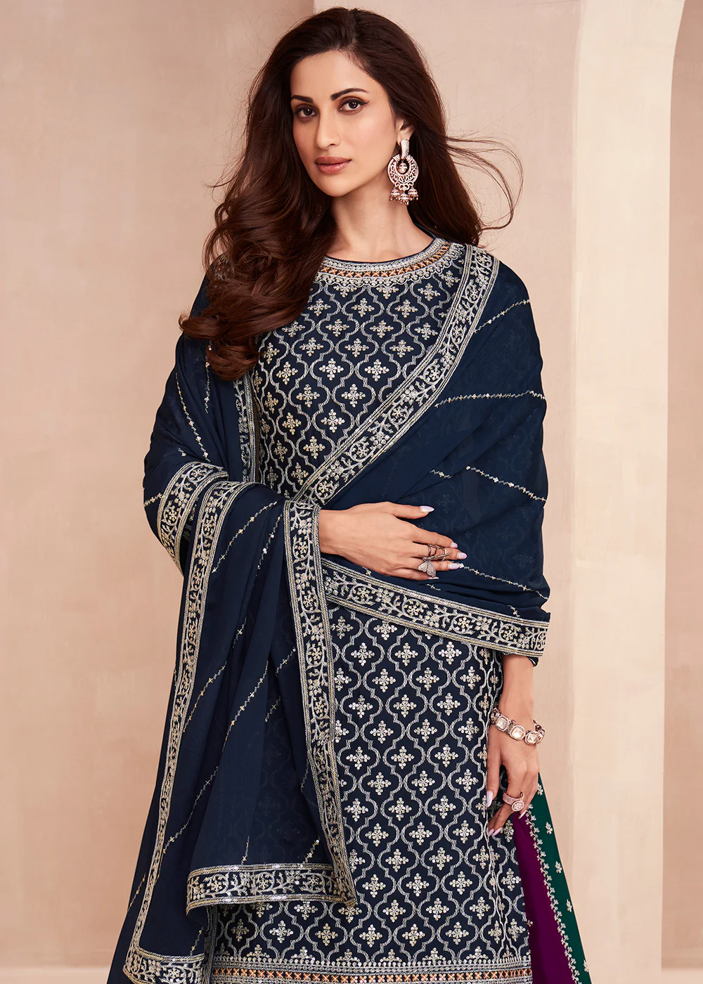 Dark Blue Multicolor Sequins Embroidered Lehenga Skirt Suit - Image 2