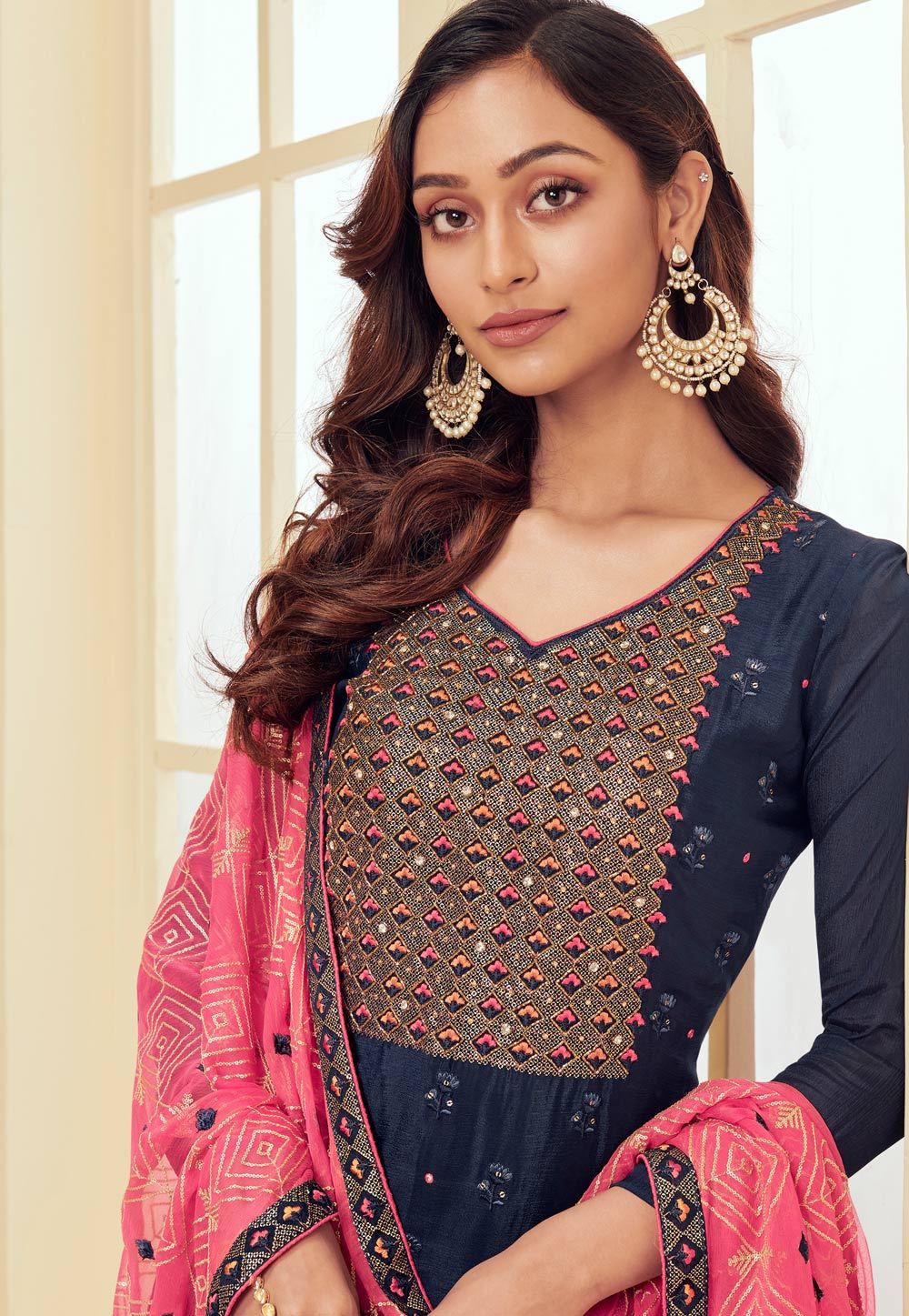 Dark Blue Pakistani Style Embroidered Suit - Image 2