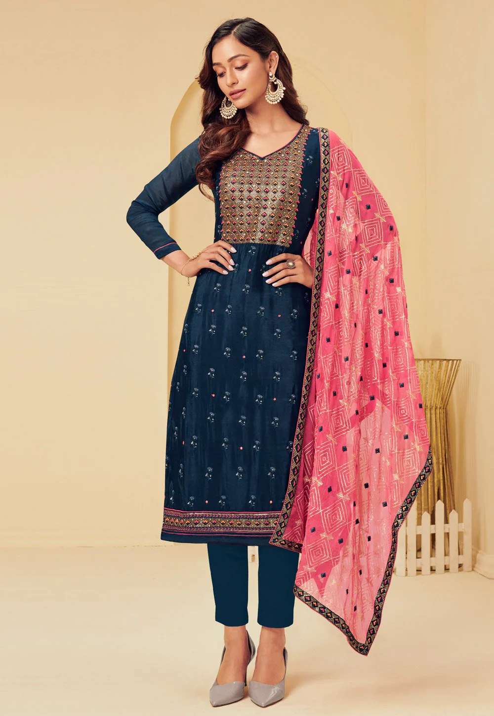 Dark Blue Pakistani Style Embroidered Suit - Image 3