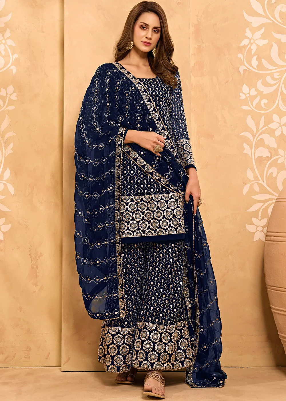 Dark Blue Party Style Designer Sharara Suit - Image 3