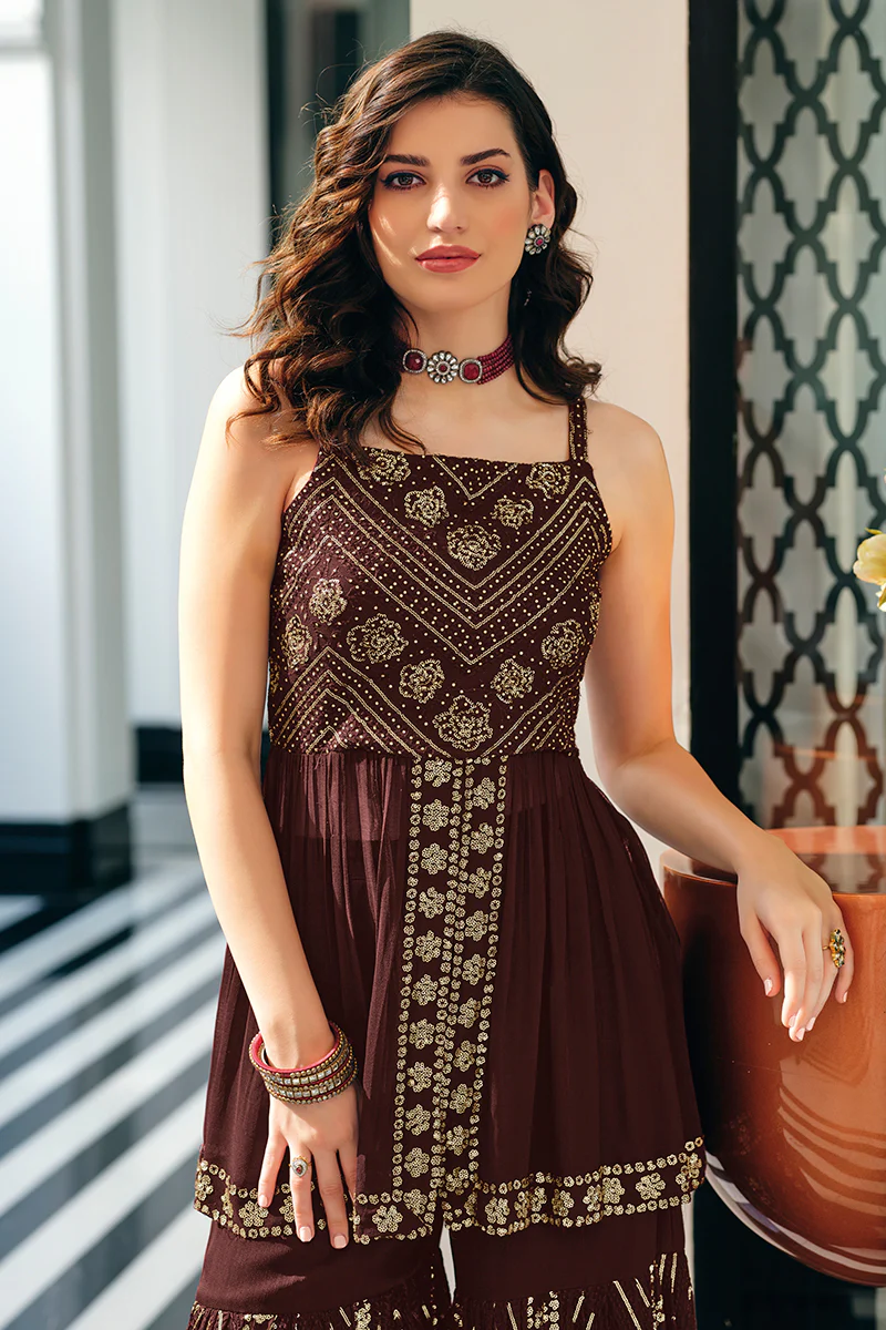 Dark Brown Spaghetti Straps Peplum Sharara Suit - Image 2