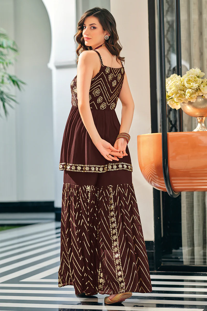Dark Brown Spaghetti Straps Peplum Sharara Suit - Image 3