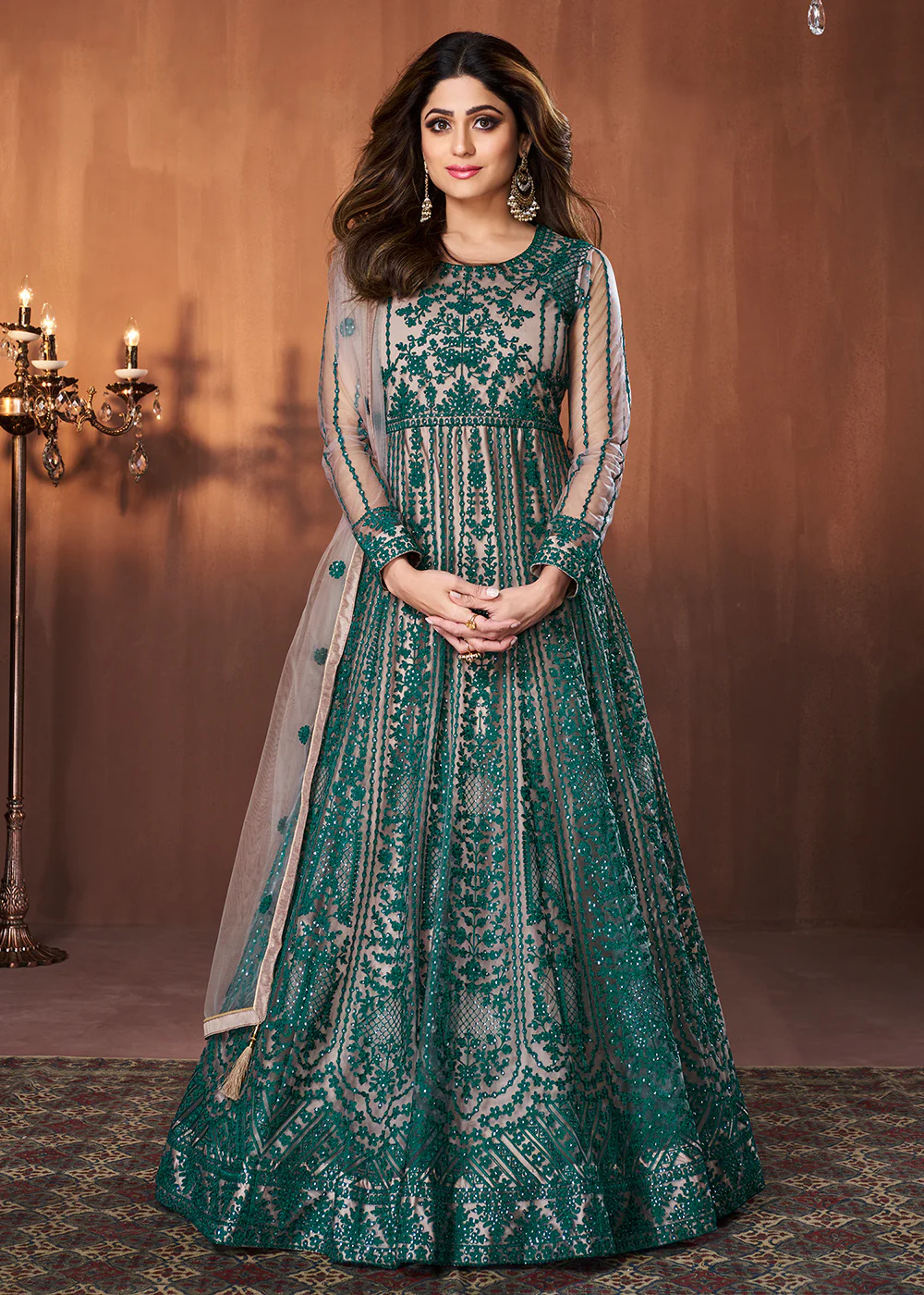 Dark Green All Over Embroidered Shamita Shetty Gown