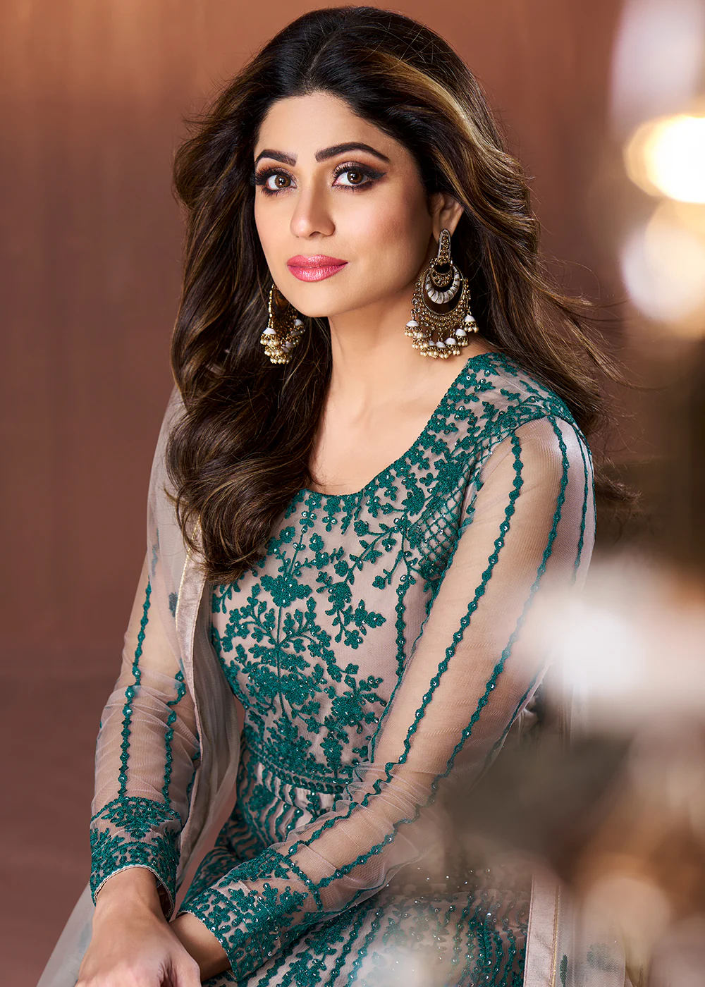 Dark Green All Over Embroidered Shamita Shetty Gown - Image 3