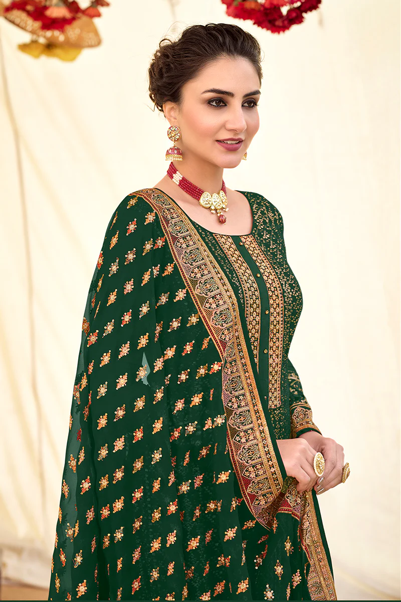 Dark Green Blooming Georgette Pakistani Style Salwar Suit - Image 2