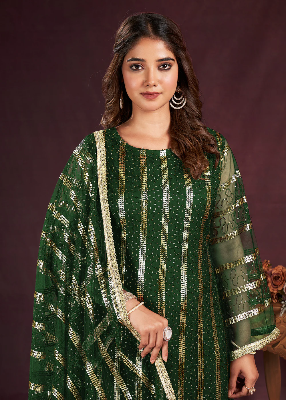 Dark Green Butterfly Net Embroidered Festive Salwar Suit - Image 2