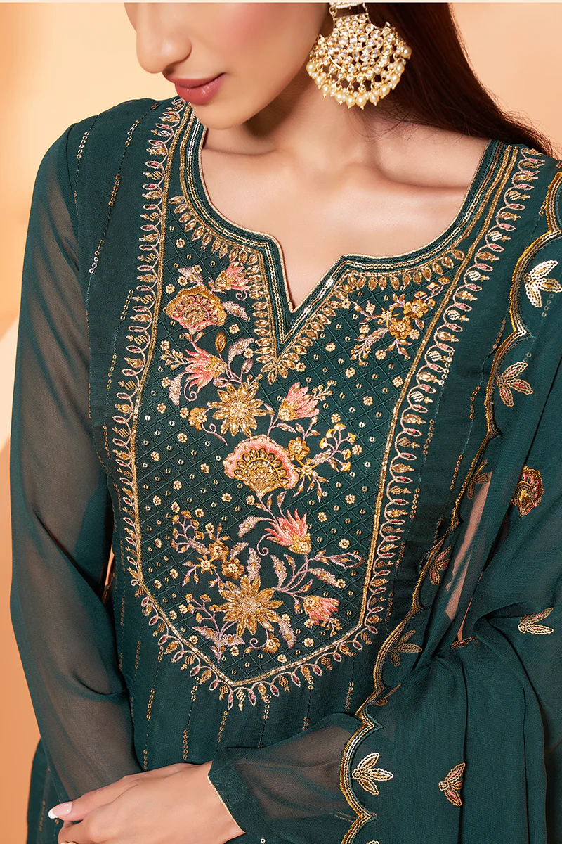 Dark Green Designer Pakistani Style Sequins Sharara Suit - Image 3