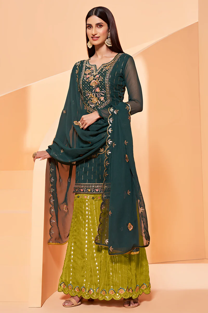 Dark Green Designer Pakistani Style Sequins Sharara Suit - Image 4