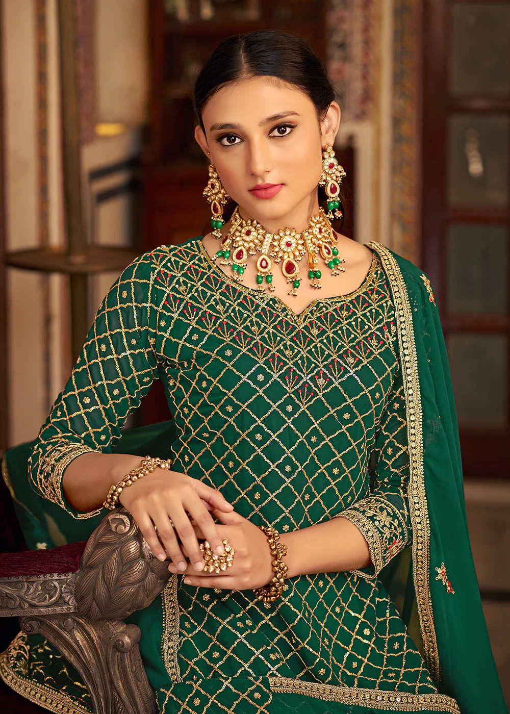 Dark Green Embroidered Designer Festive Palazzo Suit - Image 4